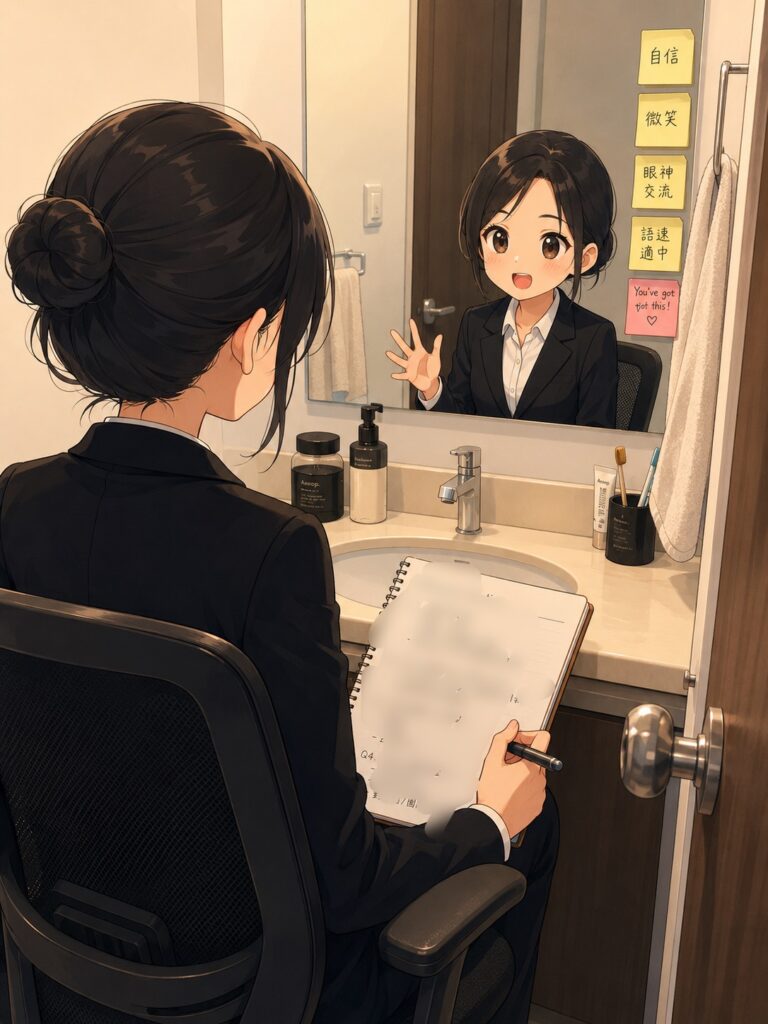 日本空服面試鏡子練習與錄音準備
